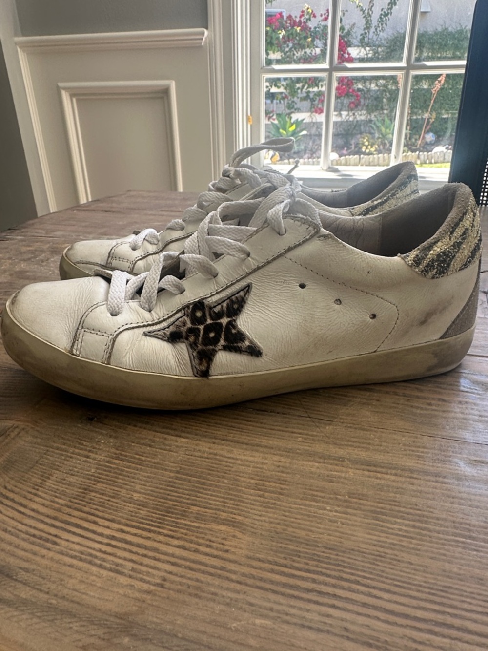 Golden Goose White Leather Sneakers with Leopard Star Detail and Gold Heel - Picture 4 of 12